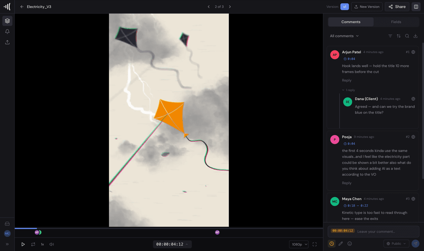 FreeFrame review player: frame-accurate timecoded comment threads, guest replies, resolved ranges, and SMPTE timecode