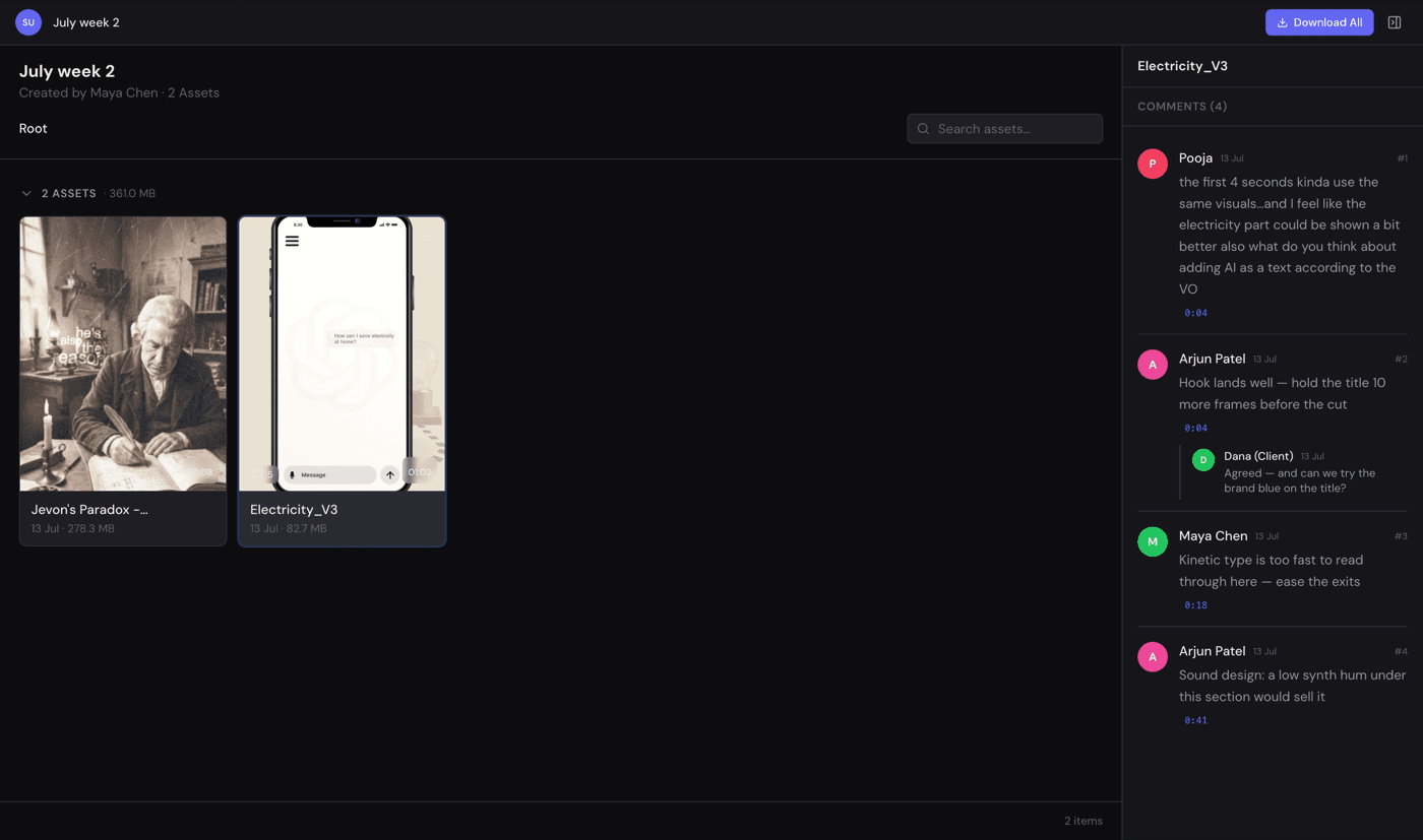 Public share link: a client browses assets and comments without an account
