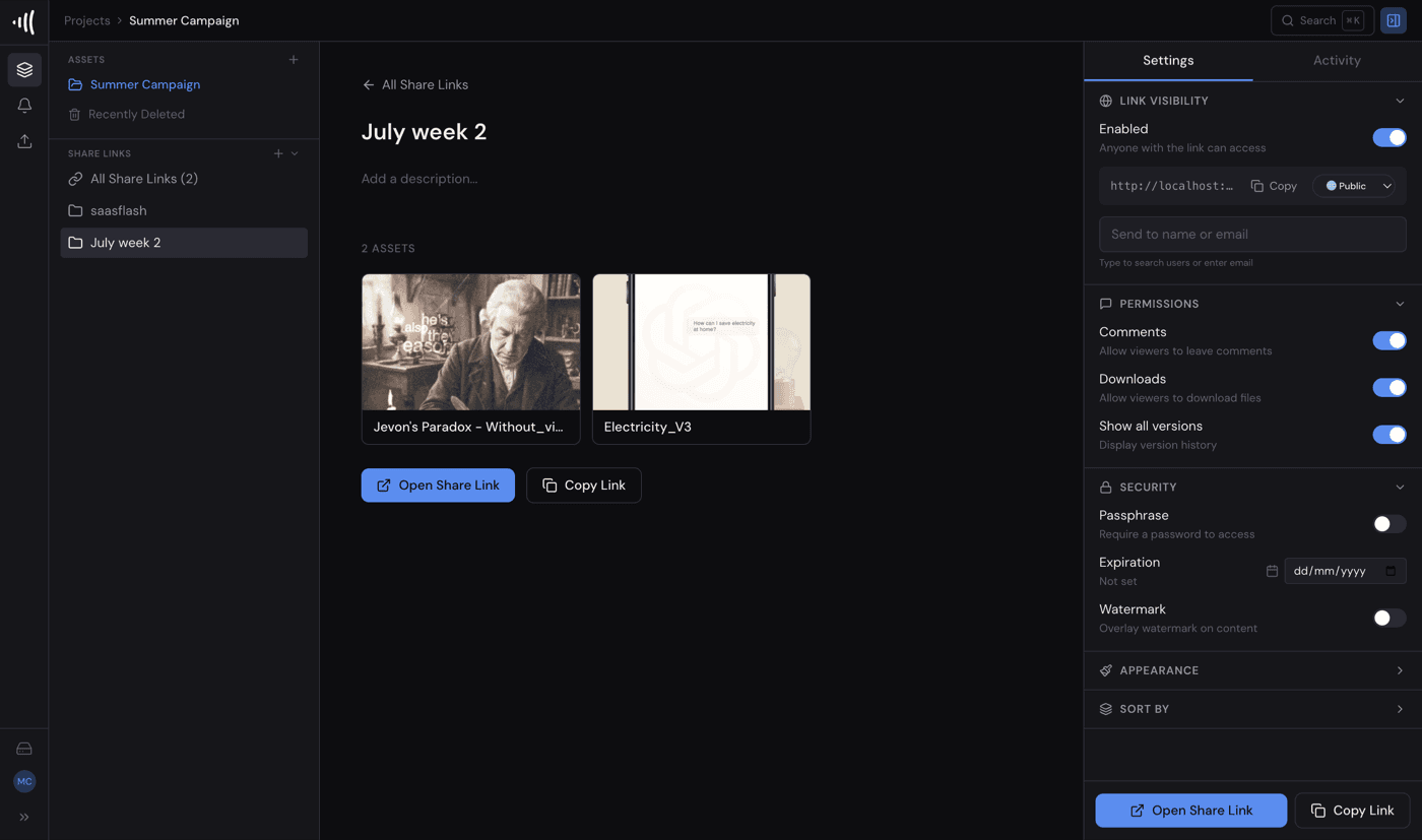Share link settings: permissions, passphrase, expiration and watermark